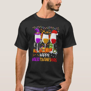 Happy Hallothanksmas Wine Glasses Witch Santa Hat T-Shirt