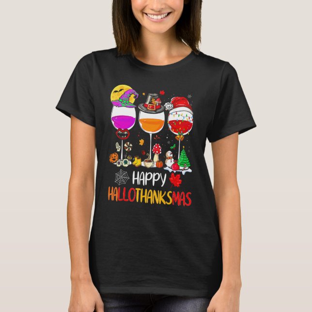 Happy Hallothanksmas Wine Glasses Witch Santa Hat  T-Shirt (Front)