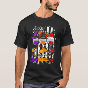 Happy Hallothanksmas Wine Glasses Witch Santa Hat T-Shirt