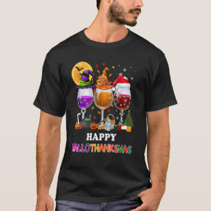 Happy Hallothanksmas Wine Glasses Witch Santa Hat T-Shirt