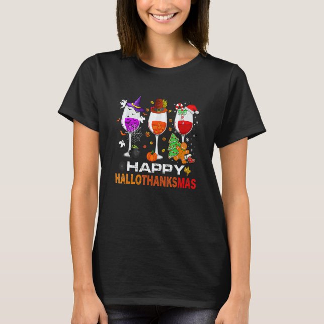 Happy Hallothanksmas Wine Glasses Witch Santa Hat  T-Shirt (Front)