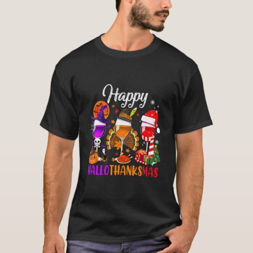 Happy Hallothanksmas Wine Glasses Witch Santa Pump T_Shirt