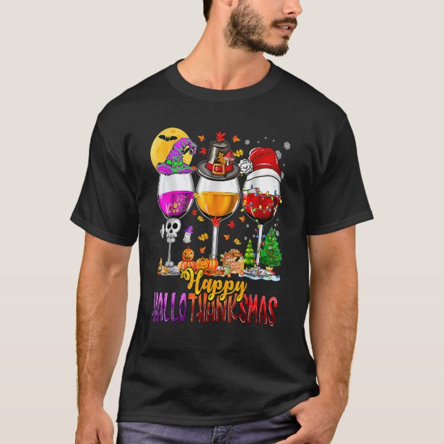 Happy Hallothanksmas Wine Glasses Witch Santa Pump T-Shirt (Front)