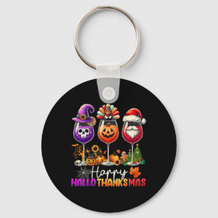 Happy Hallothanksmas Wine Halloween Thanksgiving C Keychain