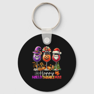 Happy Hallothanksmas Wine Halloween Thanksgiving C Keychain