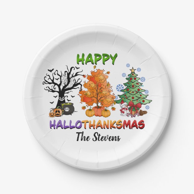 Happy Hallothanksmas with trees Paper Plates (Front)
