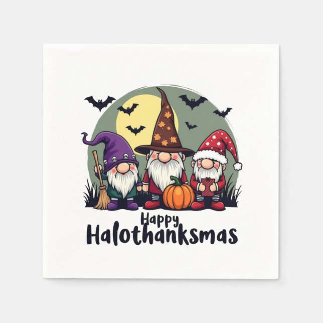 Happy Hallothanksmas Xmas Halloween Gnomes  Napkins (Front)