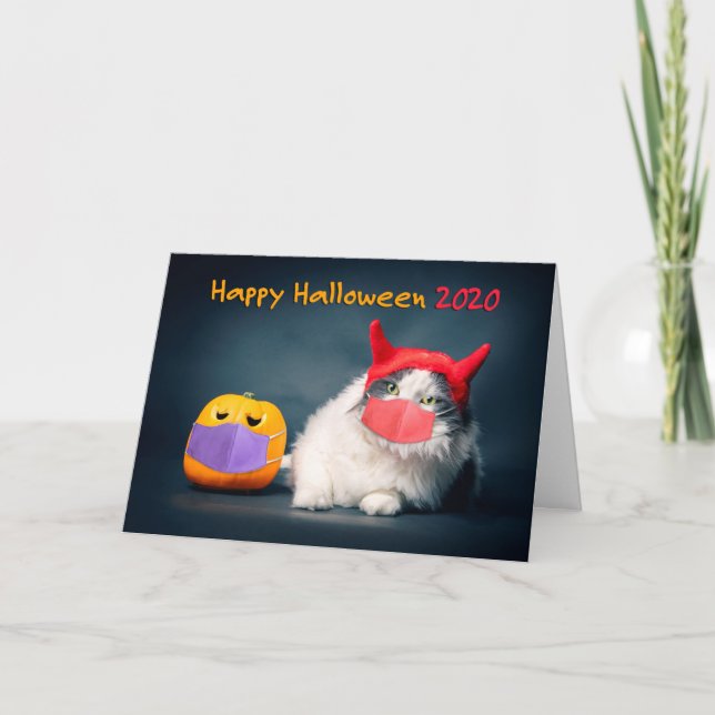 Happy Halloween 2020 Cat and Pumpkin in Face Masks Holiday Card (Front)