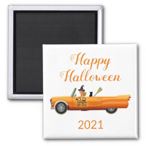 Happy Halloween 2021 Orange Car Witch Cat  Magnet