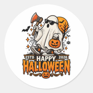 Happy Halloween 2026 Ghost with Sunglasses Classic Round Sticker