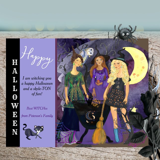 Happy Halloween 3 Witches Whimsical Illustration Holiday Postcard (Halloween Best Witches Holiday Postcard )