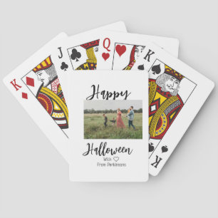 Happy Halloween add family name photo black simple Poker Cards