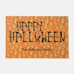 Happy Halloween Add Your Name Orange Black Ghost Doormat