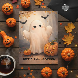 Happy Halloween! Adorable Friendly Ghost & Pumpkin Invitation
