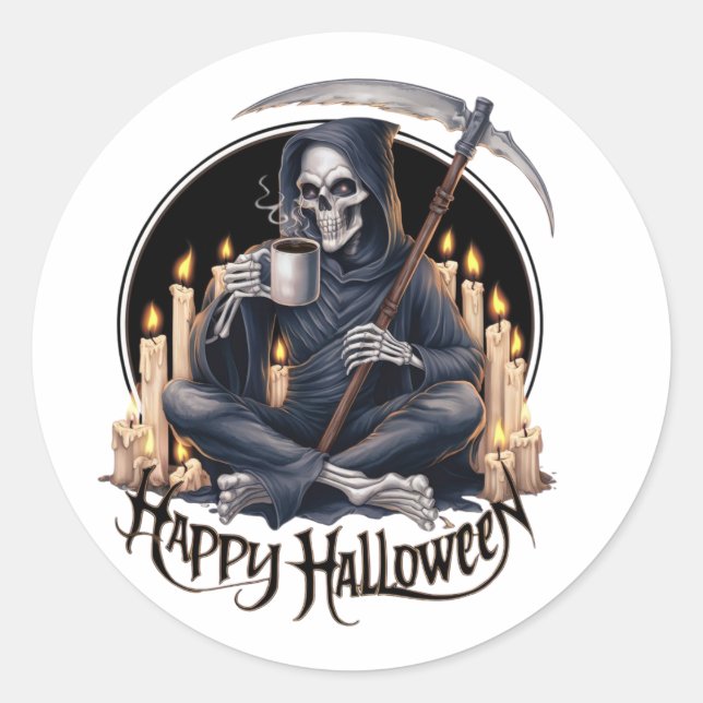 Happy Halloween and a skeleton  Classic Round Sticker (Front)