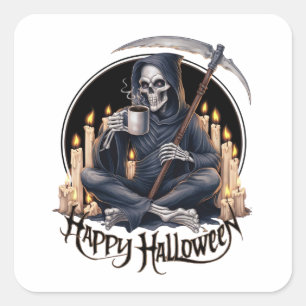 Happy Halloween and a skeleton Square Sticker