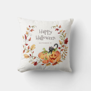 Happy Halloween Autumn Foliage Black Cat Throw Pillow