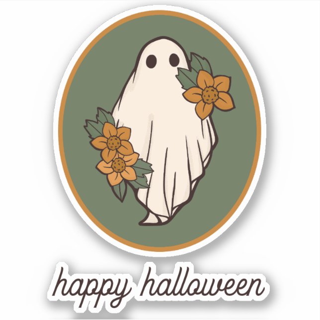 Happy Halloween Autumn Ghost With Flowers Sticker (Front)
