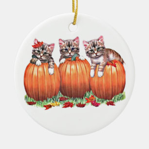 Happy Halloween Autumn Kittens on Pumpkins, ZSSG Ceramic Ornament