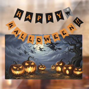 Happy Halloween Banner, Witches, Pumkins Window Cling