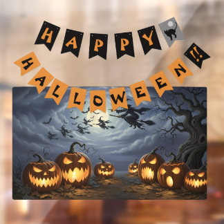 Happy Halloween Banner, Witches, Pumkins Window Cling