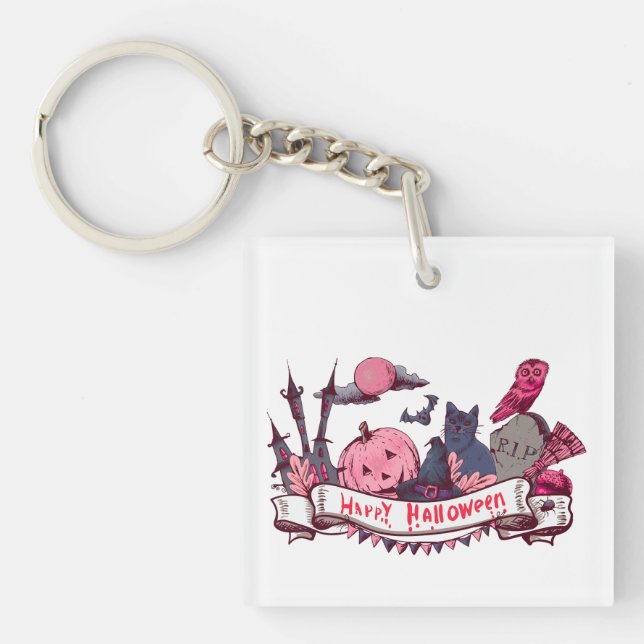 Happy Halloween Banner with Castle, Pumpkin, Black Keychain (Front)