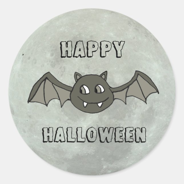 Happy Halloween Bat and Full Moon Classic Round Sticker (Front)