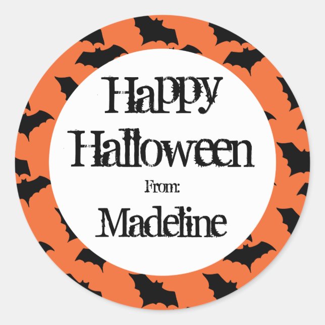 Happy Halloween Bat Pattern Kids Personalized Classic Round Sticker (Front)
