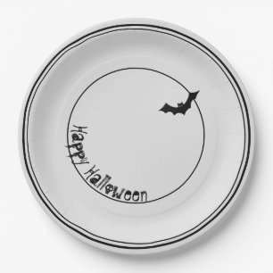 Happy Halloween Bat Silhouette Black/White Paper Plates