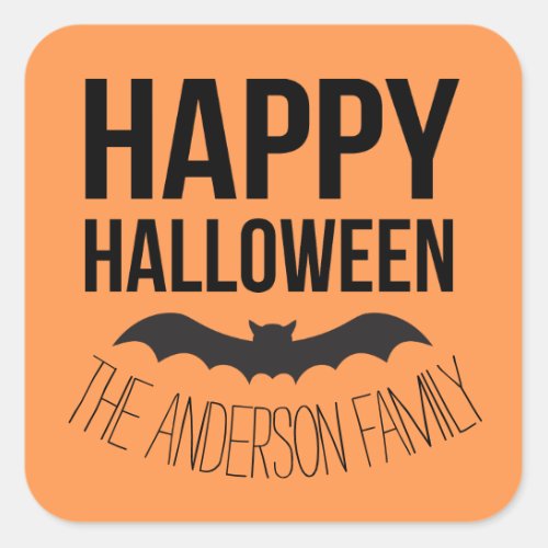 Happy Halloween Bat with Black Name Square Sticker