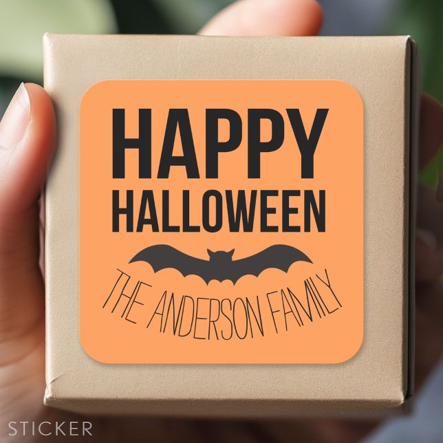 Happy Halloween Bat with Black Name Square Sticker (Custom Sticker - Personalize with your info for a party favor or gift)
