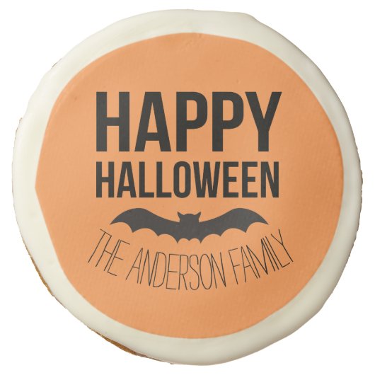 Happy Halloween Bat with Black Name Sugar Cookie (Front)