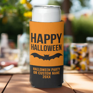Happy Halloween Bat with Party Name - black orange Seltzer Can Cooler