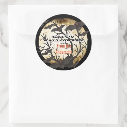 Happy Halloween Bats and Burnt Parchment Classic Round Sticker