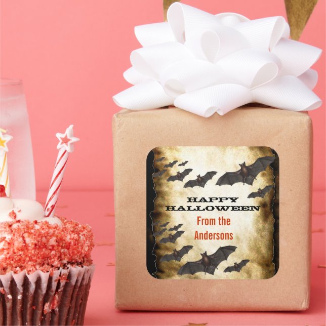 Happy Halloween Bats and Burnt Parchment Square Sticker (Party)