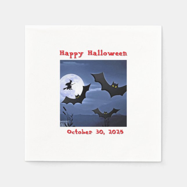 Happy Halloween Bats and Flying Witch Napkins (Front)