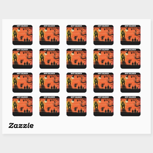 Happy Halloween bats and pumpkin scarecrow Square Sticker (Sheet)