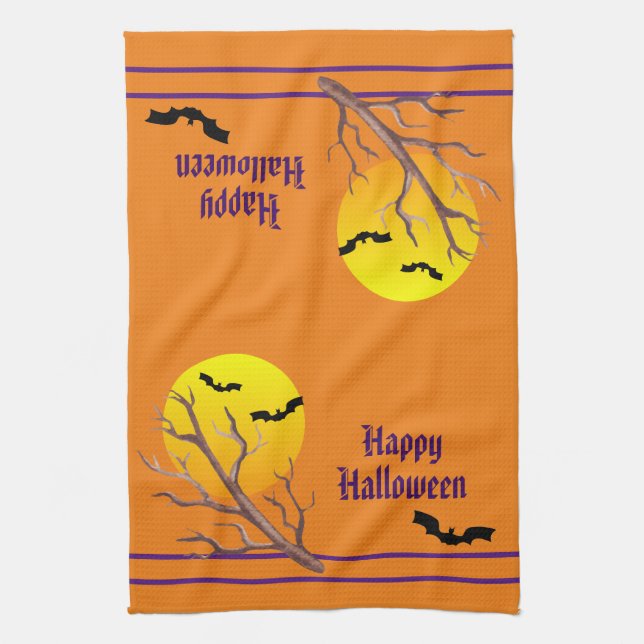 Happy Halloween Bats And The Moon Kitchen Towel (Vertical)