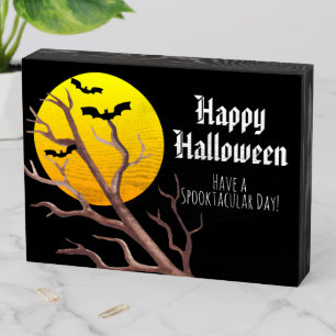 Happy Halloween Bats And The Moon Wooden Box Sign