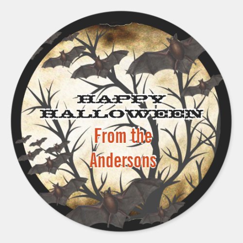 Happy Halloween Bats and Tree Burnt Parchment Classic Round Sticker