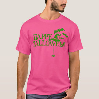 Happy Halloween Bats Spider Witch Hat Green T-Shirt