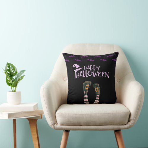 Happy Halloween Bats Witches Socks Black Halloween Throw Pillow