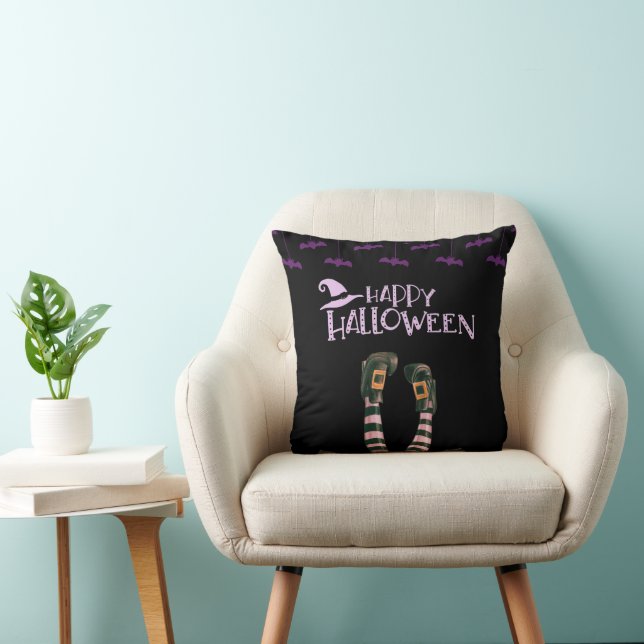 Happy Halloween Bats Witches Socks Black Halloween Throw Pillow (Chair)