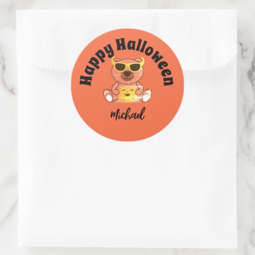 Happy Halloween bear pumpkin Custom name  Classic Round Sticker