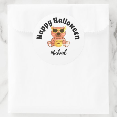 Happy Halloween bear pumpkin Custom name  Classic Round Sticker