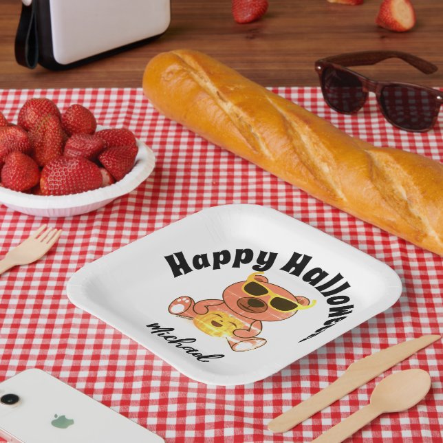 Happy Halloween bear pumpkin Custom name  Paper Plates (Picnic)