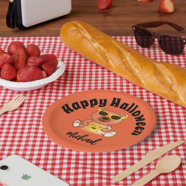 Happy Halloween bear pumpkin Custom name  Paper Plates (Picnic)