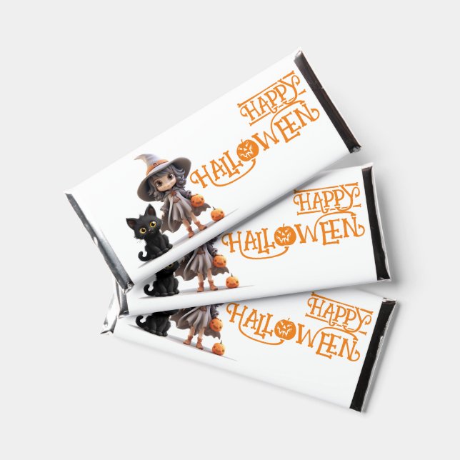  HAPPY HALLOWEEN, Big Eyed Witch with Black Cat Hershey Bar Favors (Front)