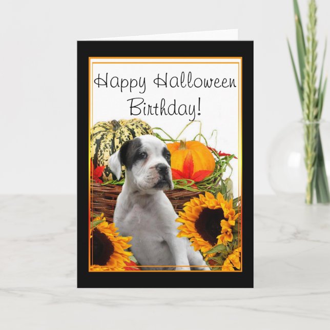Happy Halloween Birthday boxer puppy greeting card (Front)