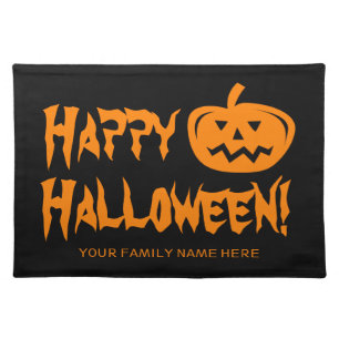 Happy Halloween black and orange carved pumpkin Cloth Placemat